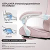 A close-up, angled view of a pink gaming chair armrest, with inset diagrams showing different armrest positions for work and rest. Náhled obrázku produktu