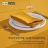 A table setting with a yellow tablecloth, plates, a napkin, and cutlery, with text overlays. Anteprima dell’immagine prodotto