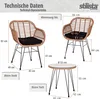 Technical specifications and dimensions for a bistro set, including chairs and a table. Podgląd zdjęcia produktu