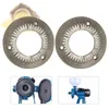 Two grinding discs for an electric grain mill, with a partial view of the mill itself in the bottom left and a full view of the mill in the bottom right. Voir les images du produit