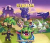 A colorful illustration of a board game with fantasy characters and dice, set against a purple and mountainous background. Produktbild-Vorschau