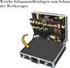 An open tool case with tools neatly arranged inside, resting on a white background. Produktbild-Vorschau