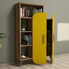 A wooden bookshelf with a yellow door, displaying books and a small plant. Náhled obrázku produktu