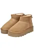 A pair of tan, ankle-high boots with a platform sole and faux fur lining, presented against a white background. Náhled obrázku produktu