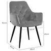 A grey upholstered chair with black metal legs, shown with dimensions indicated by lines and text. Náhľad obrázku produktu