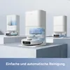 Three white robot vacuum cleaners with transparent sections showing water flow, displayed on white platforms against a light gray background. Produktbild-Vorschau