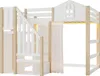 A white and natural wood loft bed with a house-like structure on top, featuring a window and a curtain. Produktbild-Vorschau
