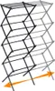 A black collapsible drying rack is shown against a white background. The rack is partially transparent on the right side, indicating its expandable nature. An orange arrow shows the direction of expansion. Produktbild-Vorschau
