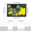 A digital picture frame displaying a butterfly on a yellow flower, with dimensions and orientation options shown below. Podgląd zdjęcia produktu