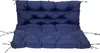 A dark blue tufted bench cushion with ties on the sides, shown against a white background. Produktbild-Vorschau