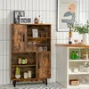 A wooden cabinet with doors and shelves, filled with various items, placed against a tiled wall. Podgląd zdjęcia produktu