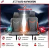 A promotional image showcasing car seat covers with various features highlighted. Produktbild-Vorschau