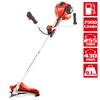 A red and black string trimmer is shown against a white background, with several informational icons to the right. Produktbild-Vorschau