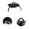 A black portable fire pit with a mesh lid and legs, shown with close-up details of its components. Náhľad obrázku produktu