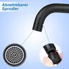 Close-up of a black faucet spout with a diagram showing how to remove and replace the aerator. Podgląd zdjęcia produktu
