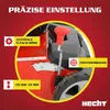 Close-up of a lawnmower's height adjustment mechanism with overlaid text highlighting features. Produktbild-Vorschau