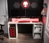 A modern white computer desk with dual monitors, a gaming PC, and ambient red lighting. Náhled obrázku produktu