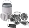 A set of stainless steel food containers with a larger insulated outer container and a rack, arranged on a white background. Anteprima dell’immagine prodotto