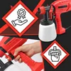 A collage of images showing a red electric paint sprayer, a hand holding the sprayer, and two hazard symbols. Produktbild-Vorschau