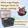 A cat is shown inside a pet carrier with the top open, next to text promoting stress-free entry and exit. Produktbild-Vorschau