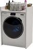 A white washing machine cabinet with various laundry products on top. Produktbild-Vorschau