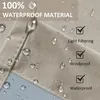 Close-up of a beige fabric with water droplets, highlighting its waterproof and windproof features with text overlays. Voir les images du produit