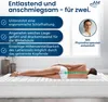 A woman lying on a mattress, with text and a portrait of a man highlighting product features. Produktbild-Vorschau