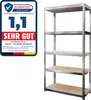 A silver metal shelving unit with wooden shelves, shown against a white background. A German product test badge is visible on the left. Produktbild-Vorschau