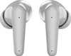 A pair of silver wireless earbuds against a white background. Voir les images du produit