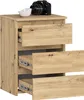 A wooden nightstand with three open drawers, a camera, and a bowl on top. Produktbild-Vorschau