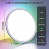A round, flat LED ceiling light is shown with various features highlighted by icons and text. Produktbild-Vorschau