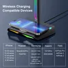A wireless charging stand with a smartphone placed on it, displaying a compatibility chart for various devices. Podgląd zdjęcia produktu