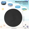 A large black circular pool ground cover is shown in the foreground, with various pool types and product size information in the background. Produktbild-Vorschau