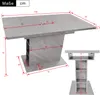 A diagram showing the dimensions of a gray, concrete-look dining table with storage. Produktbild-Vorschau