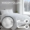 A bed with a white duvet and pillows, set against a window showing a snowy forest scene. Produktbild-Vorschau