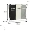 A three-compartment laundry basket organizer with dimensions indicated. Produktbild-Vorschau
