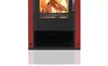 A close-up view of a modern red wood-burning stove with burning logs visible inside. Produktbild-Vorschau