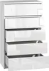 A white, high-gloss chest of drawers with five drawers, some of which are partially open. Produktbild-Vorschau