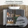A bathroom vanity cabinet with its doors open, showing storage space and items inside. A sink is mounted on top. A close-up inset shows adjustable shelf heights. Produktbild-Vorschau