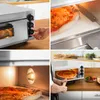 A collage of four images showing a pizza oven and its use. Produktbild-Vorschau