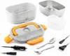 An electric lunch box and its components are displayed against a white background. Produktbild-Vorschau