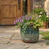 A decorative planter with flowers on a stone patio in front of a wooden door. Produktbild-Vorschau