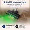 A vacuum cleaner head with green LED lights illuminating the floor, with text overlays describing its features. Produktbild-Vorschau