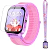 A close-up of a children's smartwatch with a pink strap and a screen displaying a cartoon unicorn. A screen protector is applied to the watch face, and a purple lanyard with unicorn graphics is also visible. Náhled obrázku produktu