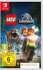 The image is a video game cover for Lego Jurassic World on Nintendo Switch. It features Lego characters riding a motorcycle with a T-Rex in the background. Produktbild-Vorschau