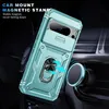 A teal phone case with a sliding camera cover and ring stand is attached to a car vent mount. Produktbild-Vorschau