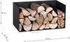 A black metal firewood rack filled with logs, with dimensions indicated by measurement lines and text. Voir les images du produit