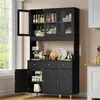 A black sideboard with glass doors and drawers, filled with kitchen items and appliances, set in a room with a window. Náhľad obrázku produktu
