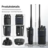 A collage of product detail shots and two full views of a walkie-talkie with dimensions indicated. Voir les images du produit