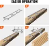 A four-step instructional diagram showing how to assemble and use a portable sawmill guide system with a chainsaw and logs. Produktbild-Vorschau